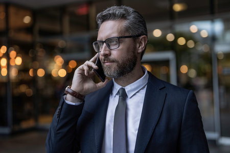 Business man portrait talking on phone outdoor. Businessman at the office. Man phone conversation in...
