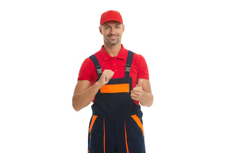 Best supervisor worker man in uniform. Man construction worker. Workman helmet isolated on white. Thumb up Man builder engineer. Construction builder. Labor day. Civil engineer manの写真素材