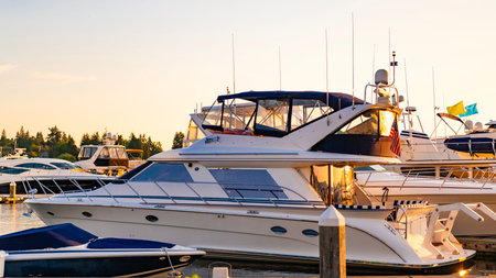 Summer vacation at sunset. Yacht travel at sea. Sea vacation on summer. Luxury boat motor yacht in...