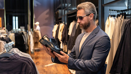 Business man in sunglasses choose elegant footwear in shop. Classic leather shoes for formal look....