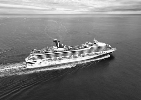 Miami, Florida, USA - January 01, 2025: Cruise ship tour and travel at sea. Ship sailing out Miami...