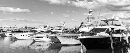 Summer vacation. Luxury marina. Motorboat yacht sailing at sea. Yachting boat tourism. Motorboat sea...