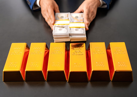 Financial saving success. Successful rich man with gold and money. Business success man gold bar....