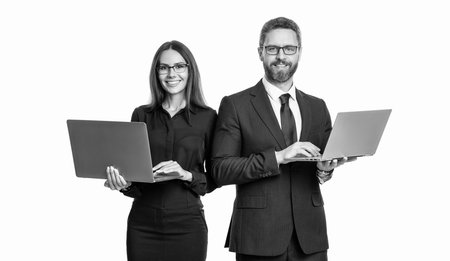 businesspeople with laptop in business office for remote online working isolated on white