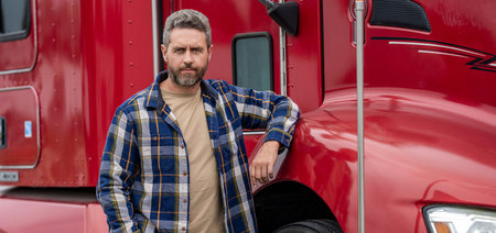 Trucking owner. Truck driver. Man trucker driver near lorry truck. Transportation vehicles. Semi...