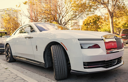 Miami, Florida, USA - April 07, 2025: 2024 Rolls Royce Spectre coupe electric car. Luxury electric...