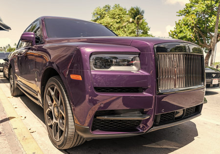 Miami, Florida, USA - April 19, 2025: 2025 Rolls Royce Cullinan SUV car. Luxury SUV car Rolls Royce...