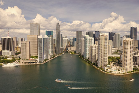 Aerial view of Brickell skyscrapers. Modern cityscape of downtown Miami. Panoramic Miami skyline...