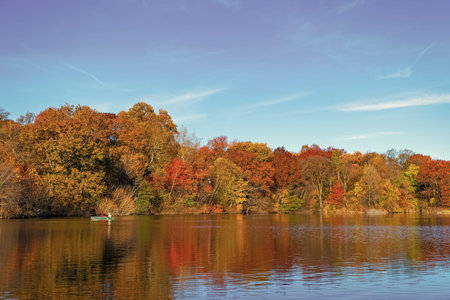 Seasonal fall landscape. Park boat in autumn pond. Scenic fall. Central park in autumn. Autumn...