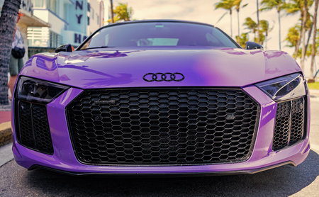 Miami, Florida, USA - April 04, 2025: Sportscar Audi R8. Car Audi R8 supercar parked outdoor. Purple...