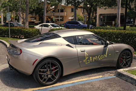 Miami, Florida, USA - April 07, 2025: 2011 Lotus Evora sportscar car. Luxury sport car Lotus Evora....