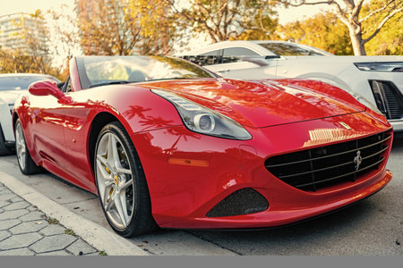 Miami, Florida, USA - April 07, 2025: Convertible sport car Ferrari California. Car Ferrari...