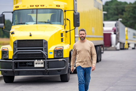 Transportation vehicles. Hispanic man in front of truck. Semi trucks vehicle. Man owner truck driver. Transportation industry. Man driver near lorry truck. Truck driver. Trucking owner, bannerの写真素材