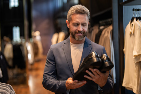 Leather footwear. Mature man in trendy store hold classic shoe. Shoe store. Business man choose elegant footwear in shoes store. Classic leather shoes for formal look. Formal shoe. Business attireの写真素材