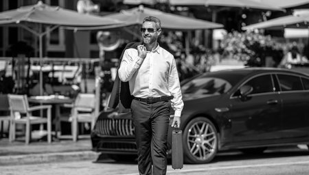 Successful businessman walking with briefcase outdoor. Businessman hold briefcase. Businessman after successful deal. Corporate business. Rich businessman in suit. Business portrait. Leadership styleの写真素材
