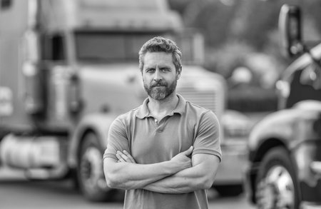 Truck driver. Man trucker driver near lorry truck. Transportation vehicles. Semi trucks vehicle....