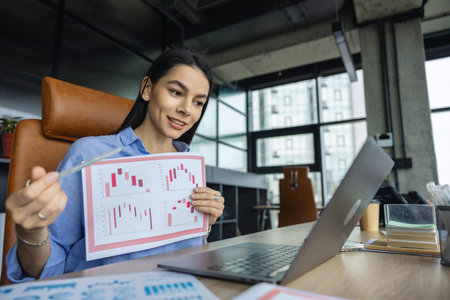 Business presentation. Video call business communication. Woman manager. Businesswoman at business video conference. Woman speak on video call online. Businesswoman at job interviewの写真素材