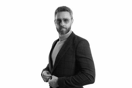 Business casual style. Menswear fashion for man. Stylish business man isolated on white. Menswear style. Young handsome man in suit jacket. Hispanic man in sunglasses. Formal menswear attireの写真素材