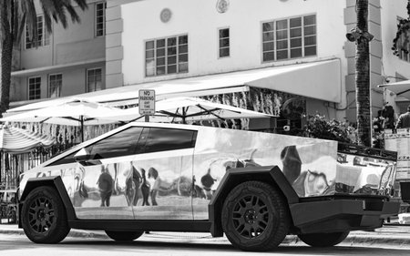 Miami, Florida, USA - December 08, 2024: Electric car of Tesla Cybertruck. Car of Tesla Cybertruck...