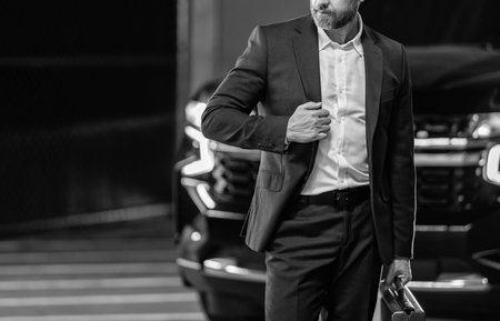 Rich businessman in suit. Business portrait. Successful businessman with briefcase in parking,...