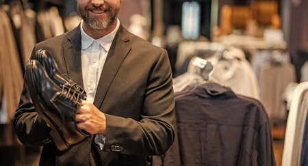 Shoe store. Business man choose elegant footwear in shop. Classic leather shoes for formal look....