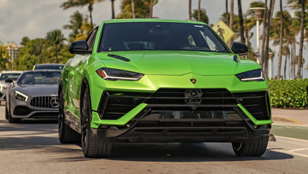 Miami, Florida, USA - April 04, 2025: 2021 Lamborghini Urus sport SUV car. Luxury sportscar Lamborghini Urus SUV. Car Lamborghini Urus parked outdoor. Green sportscar car, corner viewのeditorial素材