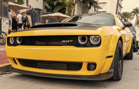 Miami, Florida, USA - December 25, 2024: 2018 Dodge Challenger SRT Demon sportscar yellow black....