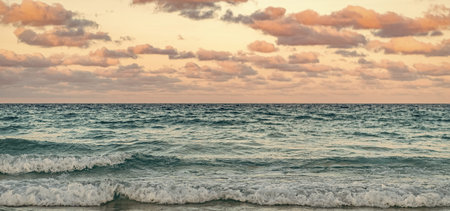 Sunset seascape at summer vacation. Sunrise with sea beach. Dramatic sunrise horizon at sea....