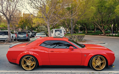 Miami, Florida, USA - April 13, 2025: Sport car Dodge Challenger SRT Hellcat. Car Dodge Challenger...