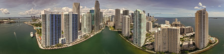 Aerial panorama of Brickell in Miami. Downtown Miami skyline on a sunny day. Scenic view of Miami Beach and Brickell. Miamis Skyscrapers. Brickell famous landmarks. Miami downtown landscape.の写真素材