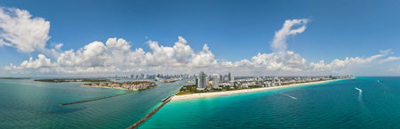 Panorama of Miami Beach with turquoise waters. Drone shot of Miami skyline. Top view of South Beach....