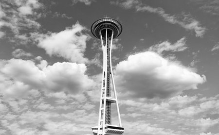 Seattle, Washington, USA - July 26, 2024: Seattle landmark. Space Needle observation tower. Modern Seattle architectural landmark. Architecture of Space needle. Tower architecture landmarkのeditorial素材