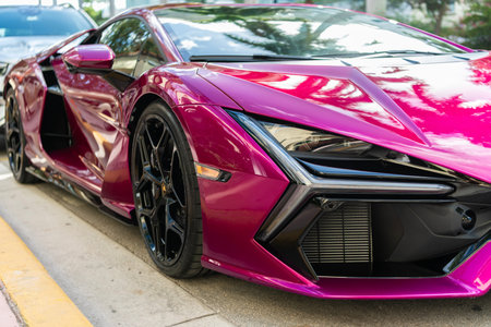 Miami, Florida, USA - July 27, 2025: 2024 Lamborghini Revuelto hybrid supercar coupe car. Luxury...