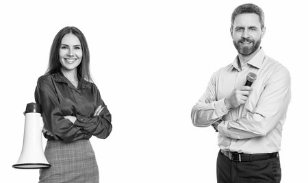 business man promoter has idea. business advertisement. advertisement concept. business idea advertisement. businesspeople with microphone and loudspeaker isolated on white. copy spaceの写真素材