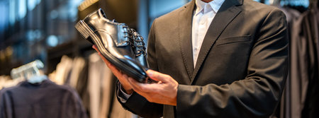 Classic leather shoes for formal look. Formal shoe. Leather footwear. Shop assistant man in shoe store hold classic footwear. Shoe store. Business man choose elegant footwear in shop. Classic shoesの写真素材