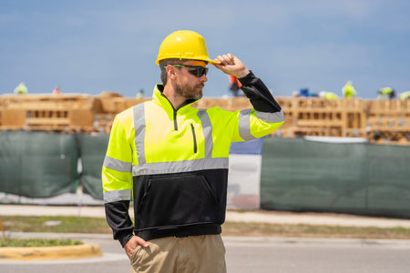 Supervisor engineer exercising. Worker at construction site. Builder construction man. Worker heavy...