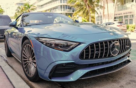 Miami, Florida, USA - April 12, 2025: Convertible sportscar Mercedes Benz SL. Car Mercedes Benz SL...