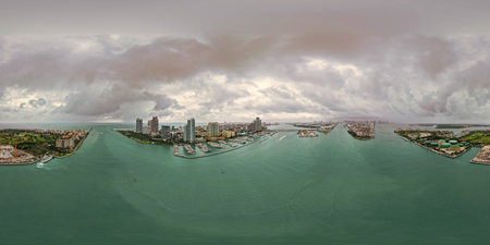Landscape aerial Miami marina cityscape. Luxury panoramic view Florida. Miami south beach aerial...