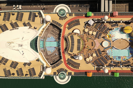 Cruise ship tour and travel at sea. Aerial luxury liner voyage. Ship top view. Luxury liner resort....