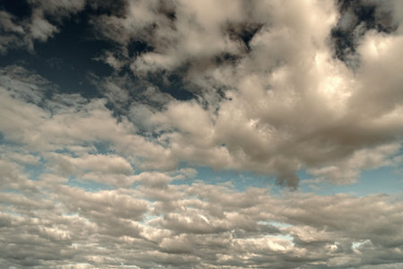 Overcast scene. Cloudy sky view. Cloud drifting. Cloudy atmospheric backdrop. Morning sky with...