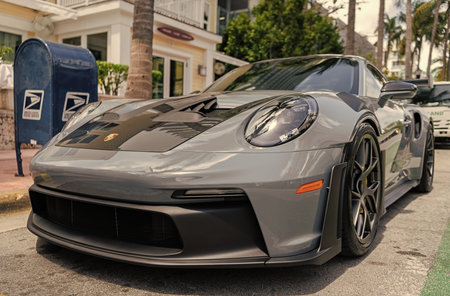 Miami, Florida, USA - April 02, 2025: Tuned Porsche 911 car, corner view. 2024 Porsche 911 GT3 RS...