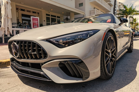Miami, Florida, USA - April 04, 2025: Convertible sportscar Mercedes Benz AMG. Car Mercedes Benz AMG...