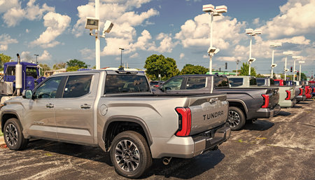 Park Ridge, Illinois, USA - August 16, 2024: Toyota Tundra car, copy space. Luxury pickup truck car...