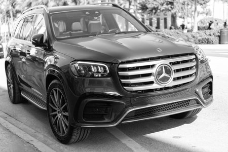 Miami, Florida, USA - December 17, 2024: 2025 Mercedes Benz GLS SUV black car. Luxury crossover car...