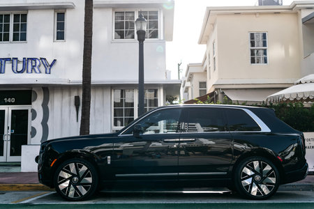 Miami, Florida, USA - June 29, 2025: 2024 Rolls Royce Cullinan luxury SUV car. Luxury SUV car Rolls...