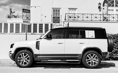 Miami, Florida, USA - December 17, 2024: 2025 Land Rover Defender SUV white car. Luxury SUV car Land...