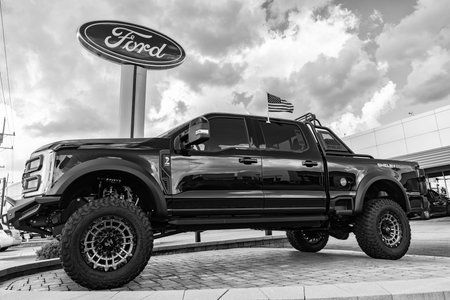 Park Ridge, Illinois, USA - August 17, 2024: Luxury car of Ford F-250 Harley Davidson logo. Car of...
