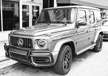 Miami, Florida, USA - December 16, 2024: Luxury wagon car Mercedes Benz G type. Car silver grey...