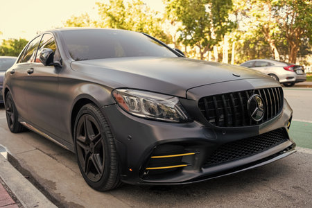 Miami, Florida, USA - April 07, 2025: Luxury black matte Mercedes Benz C W205. Car Mercedes Benz C...