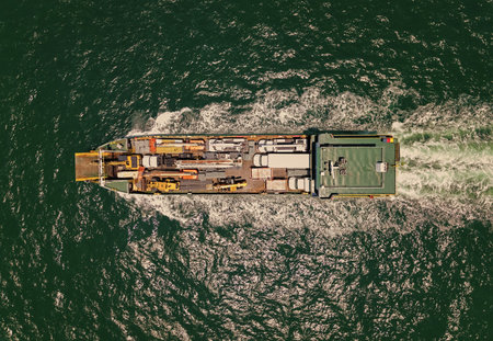 Cargo ship in sea, aerial view. Freight container loaded on cargo vessel. Aerial cargo ship with container. Cargo business. Container ship. Shipping logistics. Commercial shipping